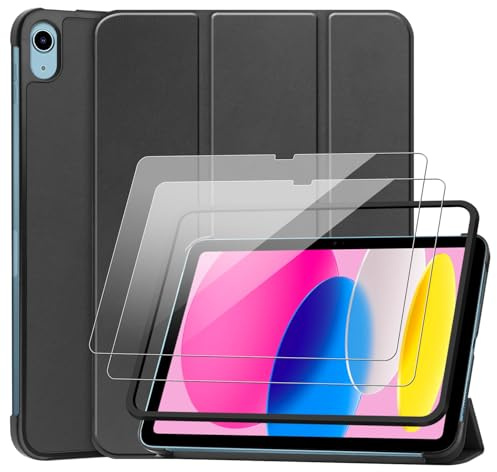 Hülle Kompatibel mit iPad 10 11 Generation (A16 2025 11 Zoll/2022 10,9 Zoll), PU Leder Flip Schutzhülle mit 2 Stück Gehärtetes Glas Schutzfolie Displayschutzfolie mit Stifthalter (Schwarz)