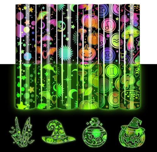 Tintnut Halloween-Wärmetransfer-Vinyl, 6 Bögen, 30,5 x 25,4 cm, leuchtet im Dunkeln, zum Aufbügeln, Vinyl, leuchtendes HTV, für selbstgemachte T-Shirts, Kleidung, Taschen, alle Schneidemaschinen