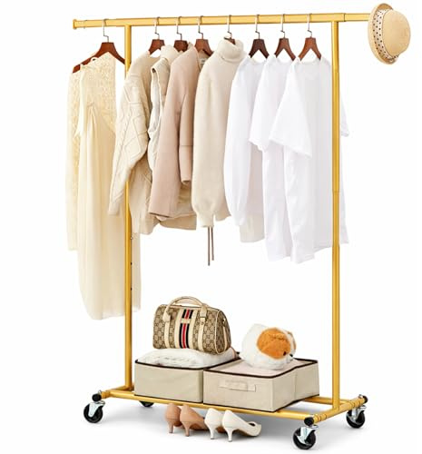 House Of Home Heavy Duty Clothes Rail with Shelf on Wheels – Adjustable Width & Height, Garment Rack, 80kg Capacity, Lockable Castors (Gold)