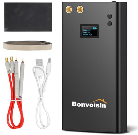 Bonvoisin Soldador por Puntos, con 11000mAh Batería Recargabl, 70 Niveles Ajustables, para Tiras de Hierro/Acero Inoxidable/Níquel de 0,1-0,3mm, con Lápiz de Soldadura de 40cm (EU)