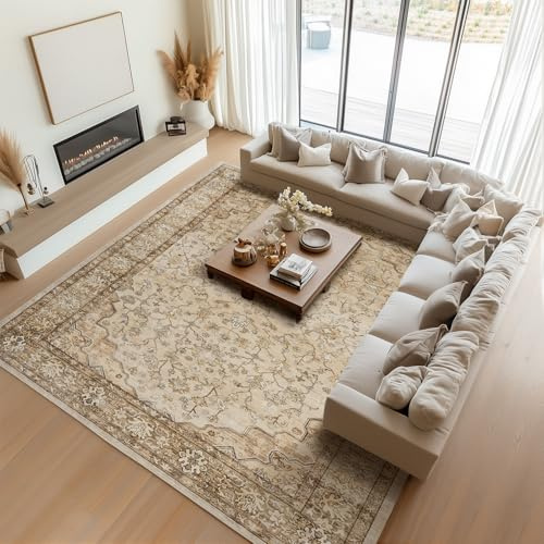 Topfinel Vintage Teppich 240 x 340cm Boho Kurzflor Teppich Waschbar rutschfest Weicher Wohnzimmer Teppiche für Schlafzimmer Esszimmer Büro Beige Extra Groß Carpet Orientalischer