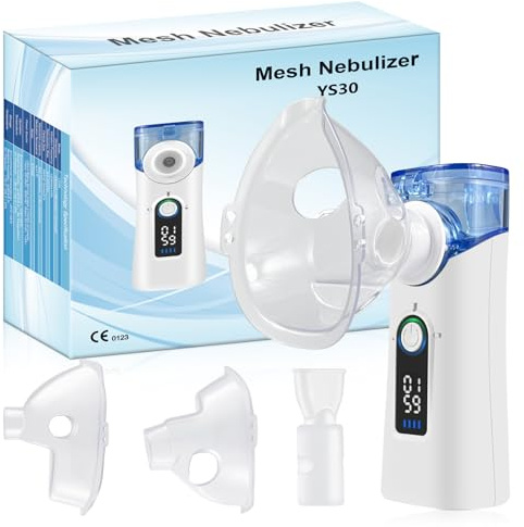 Aerosol Portatile Silenzioso, Aerosol Ultrasuoni Ricaricabile USB-C con Autopulizia, Macchina Aerosol con Nebulizzazione Regolabile, 2 Maschere e Boccaglio per Adulti e Bambini, Casa e Viaggio