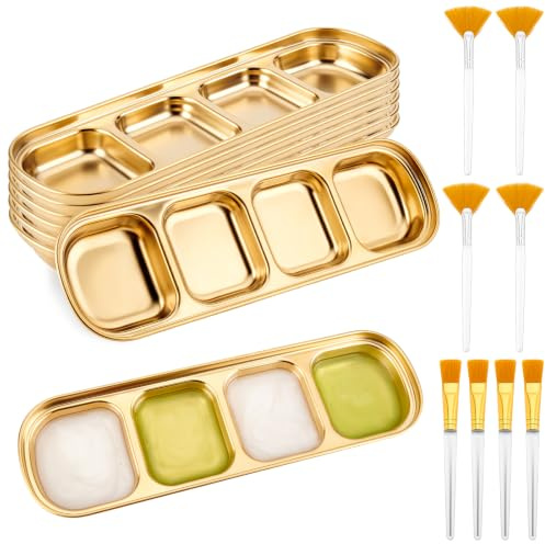 INTERWARM Kit de Soins du Visage pour Esthéticienne (16 pièce) 8 assiette à 4 compartiments en Acier Inoxydable Doré avec 8 brosses pour Masques Faciaux de 2 styles Différents Applicateur