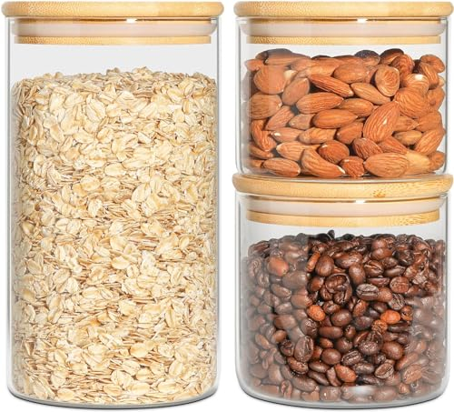 ComSaf Glass Storage Jars with Lids Set of 3 - High Borosilicate Glass Airtight Kitchen Food Canisters Cylinder Clear Preserving Seal Containers with Lid Canning Cereal Spice (500ml/650ml/1272ml)