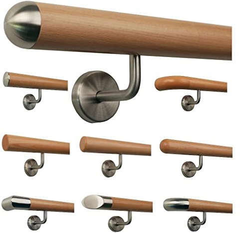 TIBU Buche Geländer Handlauf Treppe Holz Griff gew. Edelstahlhalter, Länge 30 - 500 cm aus einem Stück / Variante:260 cm mit 4 Halter Halbrunde Kappe