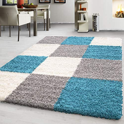 Hochflor Teppich Wohnzimmer Kariertes Design Schlafzimmer Esszimmer Flur Küchenteppich Weich & Flauschig Langflor Pflegeleicht Rechteckig Teppich in Farbe: Türkis, Grösse: 200 x 290 cm