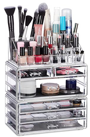 Relaxdays 2x Contenitore per Cosmetici a 6 Cassetti, 22 Scomparti, Make Up Organizer, Porta-Trucchi, Acrilico, Trasparente