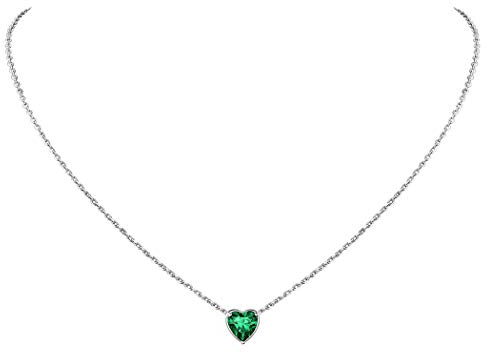 Suplight Damen Collier 925er Silber Herz Anhänger Halskette mit synthetischem Smaragd - Geburtsstein von Mai - Minimalist Mondstein Kette grüne Zirkonia Accessoire Schmuck für Hochzeit