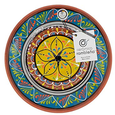 CERÁMICA RAMBLEÑA | Plato decorativo para colgar en pared | Plato de cerámica | Plato decoración Mediterránea Azul-Blanco-Amarillo | 100% Hecho a mano | 35x35x6 cm