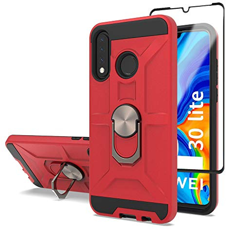 Cuoqing Funda Huawei P30 Lite con Cristal Vidrio Templado, 360 Grados Proteccion Hard PC y Silicona TPU Carcasa Antigolpes Case para Huawei P30 Lite (Rojo)