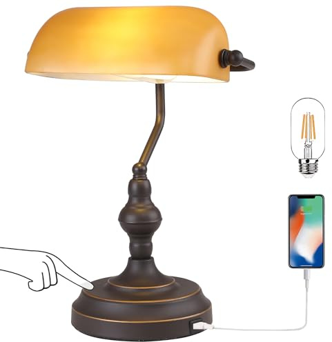 Liylan Farmhouse Schreibtischlampe, Touch-Steuerung, Vintage-Banker-Lampen mit USB-Anschluss, 3-Wege-dimmbare Tischlampe, ölgeriebenes Bronze-Nachttischlicht, bernsteinfarbenes Glas