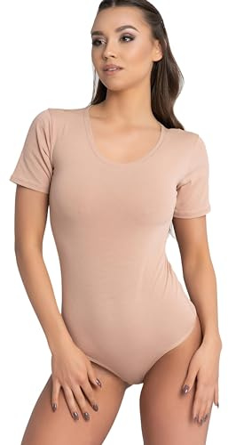 Evoni Damen Body kurzarm l Stringbody aus Baumwolle mit Rundhals l Kurzarmbody für Frauen l Tanga Bodysuit l String Body M hellbraun
