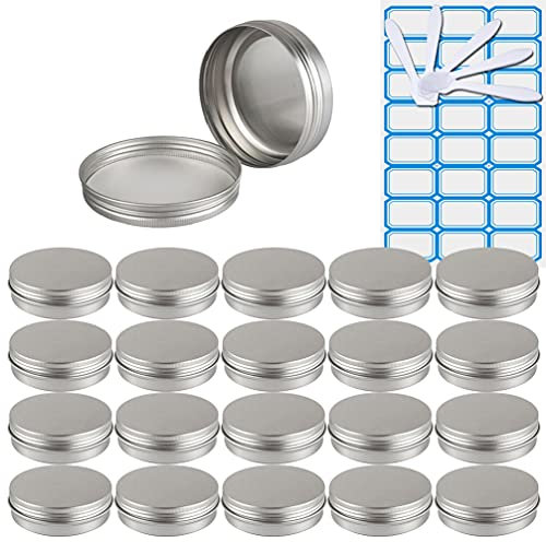 ZEOABSY 20 Stück Leere 100 ml Rund Silber Aluminium Tins mit Schraub-Deckel Schraubdose Cremedose Alu-Tiegel Dosen Aludose Blechdosen für Kosmetik Kerze Salben 5X Spatel, 1x Etikette