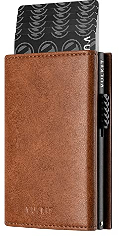 VULKIT Kreditkartenetui RFID-blockierende Pop-Up-Kartentasche aus Echtem Leder mit Geldscheinfach, Ausweisfenster, Münzfach und Magnetverschluss