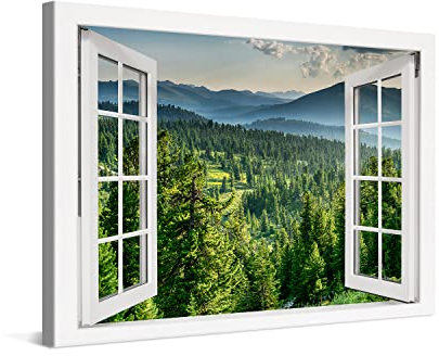 PICANOVA – Quadro su Tela Tramonto Nella Foresta di Cedri Finestra 120x80cm – Stampa su Tela Moderna Incorniciata con Spessore di 2cm – Foto Decorazione da Parete Come Dipinto per Soggiorno – Foresta