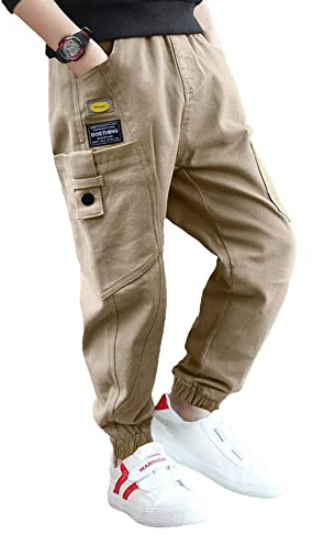 Rolanko Pantaloni Cargo da Ragazzo, Pantaloni da Jogging in Vita Elasticizzata per Bambini, Light Khaki, Dimensione Tag: 160
