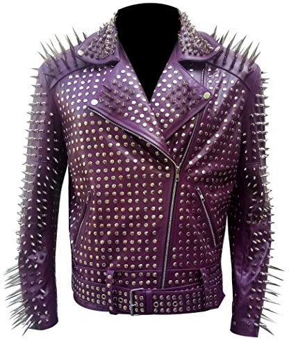 LP-FACON Giacca gotica da uomo Rock Punk Spike con borchie in pelle Brando, Viola, XXXXL