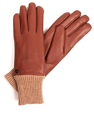 Hand Gewand by Weikert Damen Lederhandschuhe aus Lammnappa gefüttert mit Merino Lammfell, Mit Strickbund am Handgelenk – noch wärmer, Damen Lammfellhandschuhe braun