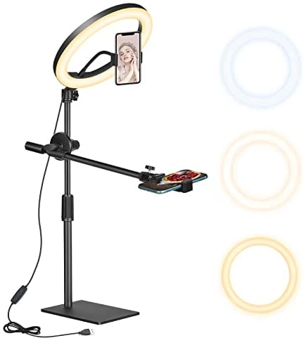 10 Zoll LED Ringlicht mit Stativ Handy, Overhead Stativ Handy mit Ringlicht, Dimmbare LED Tischringlicht für YouTube-Videoaufnahmen, Selfie, Makeup, Tik Tok, Fotografie Kompatibel mit Smartphone