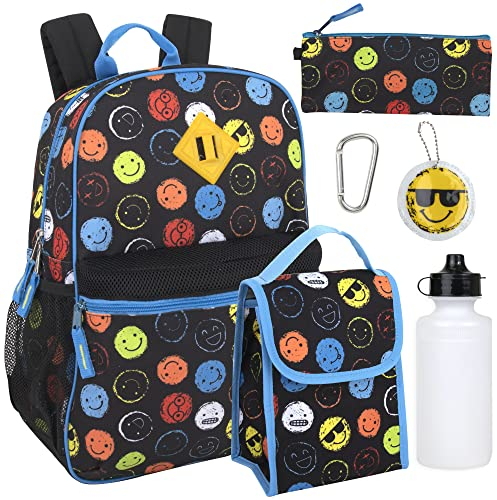 Trail maker Juego de mochila escolar 6 en 1 para niños con fiambrera, estuche para lápices, botella de agua, llavero adjunto, Silly Smileys, Large