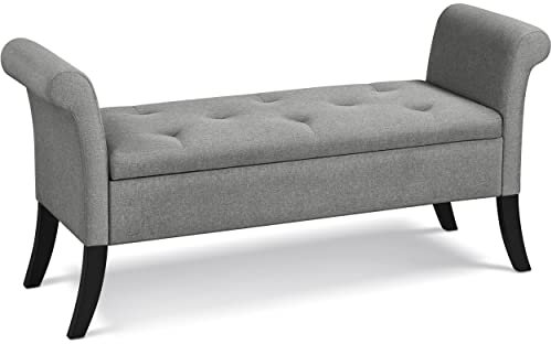 Yaheetech Puff Almacenamiento Banco Descalzadora Almacenaje Otomana con Pata Madera Capacidad de Carga 300 KG para Dormitorio Sala Entrada Pasillo Gris Claro