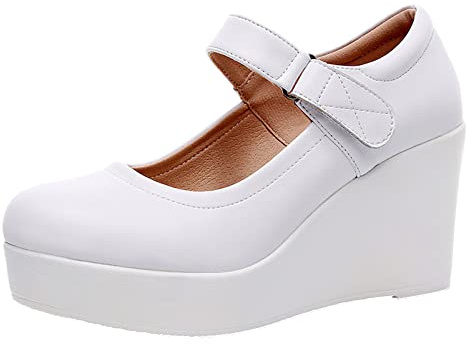 Jamron Damen Hohe Plateau Keilabsatz Mary Jane Schuhe Klettverschluss Knöchelriemen Leder Pumps