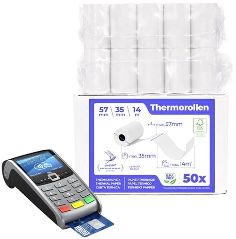 SWIPARO - Rouleau tpe 57mm x 14m x 12mm – Rouleaux pour terminal carte bancaire – Bobine papier thermique 57x35x12 - sans BPA (50 Bobines)