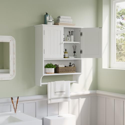 Smuxee Weißer Badezimmerkabinett Wandmontage mit Handtuchstange, Medizinschrank mit 2 Türen & 5 verstellbaren Regalhöhen, Über-Toiletten-Schrank für Badezimmer, Waschküche & Küche