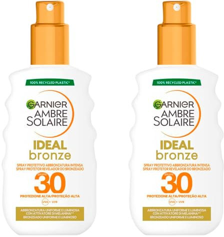 Garnier Ambre Solaire Ideal Bronze Sonnenschutzspray für Gesicht und Körper LSF 30, hoher Schutz gegen UVA, UVB, wasserfeste Formel mit Melanin-Aktivator, intensive Bräunung, 2 Flaschen à 200 ml