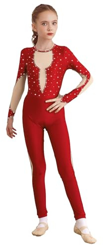 FEESHOW Mädchen Ganzanzug Ballettanzug Langarm Gymnastikbody Glitzer Strass Mesh Patchwork Tanz Trikot Kinder Sport Jumpsuit Eng