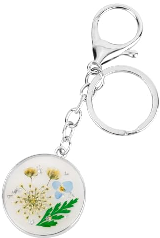 RUCUDIM Gepresste Blumen Schlüsselanhänger Echte Blume Handgemachter Schlüsselanhänger Wildblumen Vergissmeinnicht Schlüsselanhänger Lace Wildflower Schlüsselanhänger Getrocknete Gepresste Charms