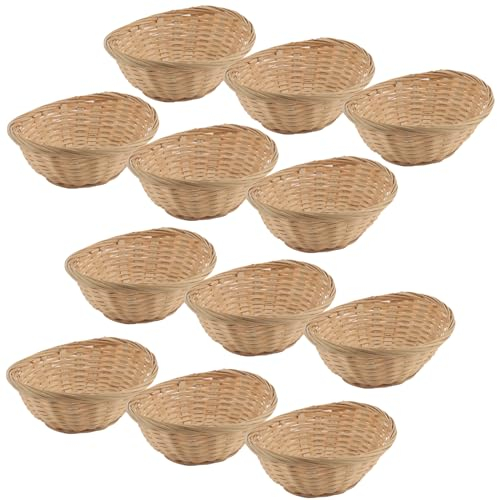 JEUIHAU 12 PCS 7 × 5.5 Inch Bamboo Bread Basket, Small Oval Bamboo Basket Natural Bamboo Wicker Basket for Bread, Fruit and Snack Storage