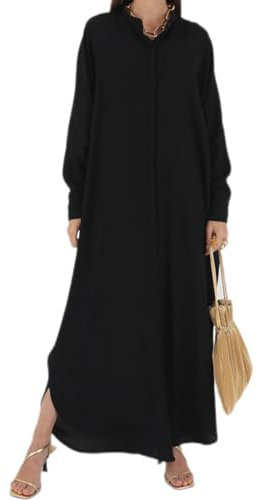 IWEMEK Women Batwing Long Sleeve Abaya Jilbab Full Length Loose Fit Long Maxi Muslim Dress Button Closure Dubai Arabic Islamic Turtish Kaftan Middle Eatern Prayer Robe Black One Size