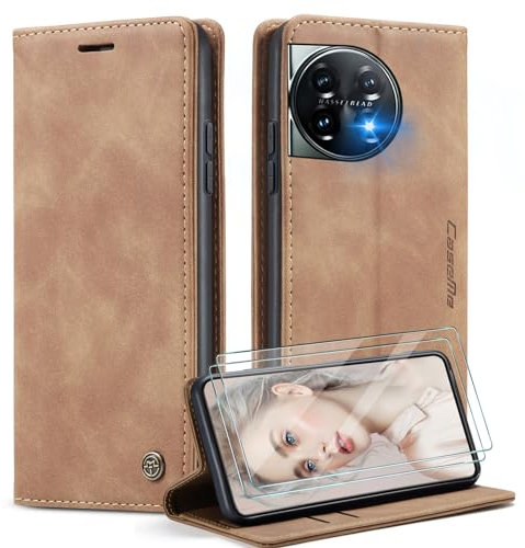 Caseme Funda para Oneplus 11 + 2X Protector Pantalla,Funda Movil Carcasa PU Cuero con Ranura para Tarjeta, Cierre Función de Soporte, Marrón