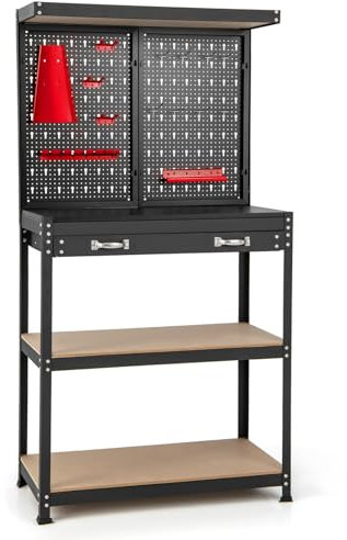 COSTWAY Banco da Lavoro con Pannello Forato, Banco da Lavoro con Scaffali e Cassetti per Utensili, 14 Accessori Appesi, Telaio in Metallo, per Garage e Officina, 81 x 41 x 155 cm