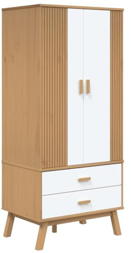 vidaXL Kleiderschrank, Garderobenschrank mit 2 Schubladen 1 Fach, Drehtürenschrank Schrank mit Holzgriffen Holzbeine, Weiß Braun Massivholz Kiefer