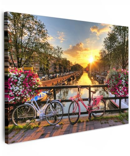 MuchoWow© Cuadros para Salon 80x60 cm Foto con Lienzo Canvas Laminas Cuadro Dormitorio Decoracion Hogar Pared Quadro Amsterdam - Puesta de sol - Ciclismo - Flores - Canal