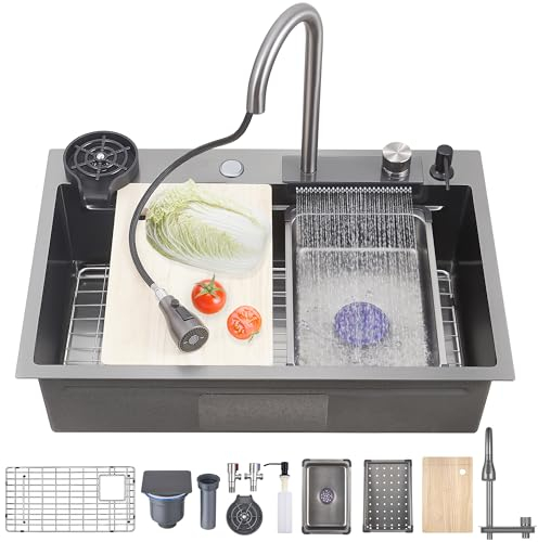 Ribanedy 86 cm Fregadero de cocina en cascada gris oscuro, fregadero moderno multifuncional de acero inoxidable de una cubeta con grifo rociador abatible y accesorios