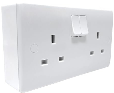 Evoges Double prise de courant 13 A, commutable, double pôle, profil arrondi et boîtier arrière de surface de 32 mm