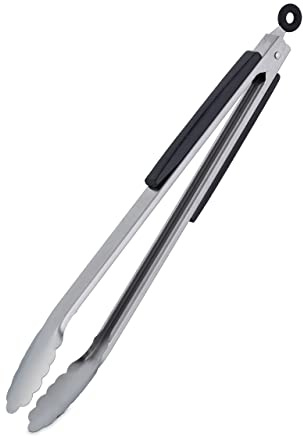Relaxdays Grillzange 2er Set, Edelstahl, Holzgriff, Silber/schwarz | lange Kochzange für Grill & Küche, 38 cm, Bratzange mit Öse