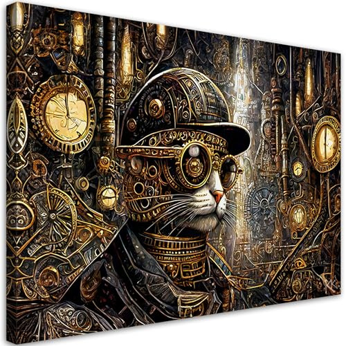 Feeby Vlies - Leinwand Bilder - Steampunk Katze - 60x40 cm - Deko Wohnzimmer - Wandbilder Schlafzimmer - Deko Aesthetic - Wand Deko - Leinwand Groß - Deko Zimmer - Leinwandbilder XXL
