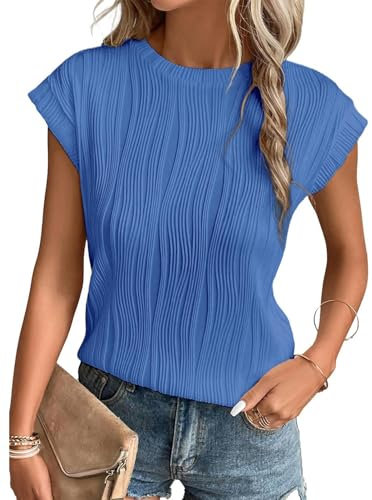 Gemulate Womens Work Tops Ladies tee Shirts Round Neck Womens Casual t Shirts Clothing Cap Sleeve Smart Tops Going Out Tunic Blouses Sky Blue L