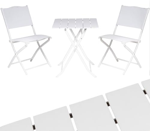 BAKAJI Set Klapptisch mit 2 Stühlen, Bezug aus Textilene, klappbar, mit Stahlgestell und Tisch aus PE in Holzoptik, für Außenbereich, Terrasse, Balkon, UV-beständig (weiß)