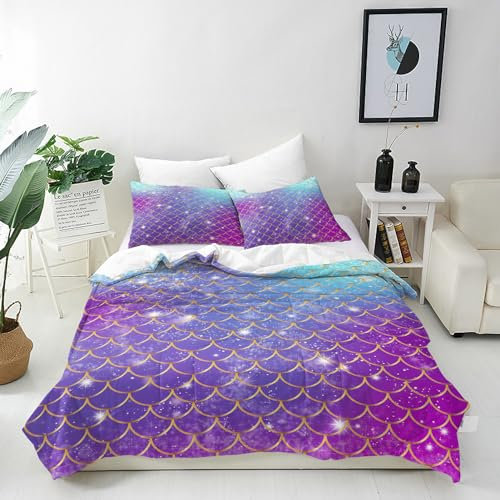 ANHOPE Bunte Meerjungfrau Fisch Skala Bettwäsche Set Weich Microfaser Bettbezüge mit Reißverschluss 2 Teilig Bettbezug 140x200 cm & Kissenbezug 65x65 cm Bettdeckenbezug Set für Kinder Mädchen