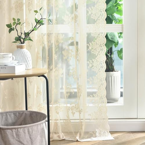 Kotile Beige Spitzenvorhänge, 160 cm Länge, 2 Stoffbahnen, rustikales Blumenmuster, Vintage, Beige, durchscheinende Vorhänge für Schlafzimmer, Stangentasche, Sichtschutz, Lichtfilterung, durchsichtige