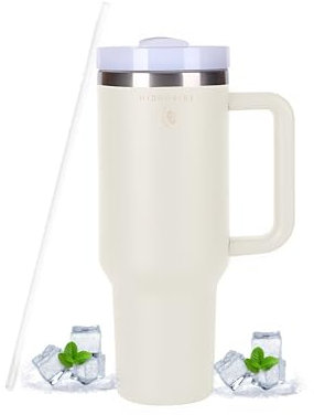 HIDROVIBE 1.2LTaza de Café con Tapa Para Coche,Vasos Termicos Cafe Para Llevar con Asa,Taza con Pajita Y Asa, Taza Aislada al VacíO, Taza de Viaje de Acero Inoxidable,Sin Bpa,Mug Termo, (BEIGE)