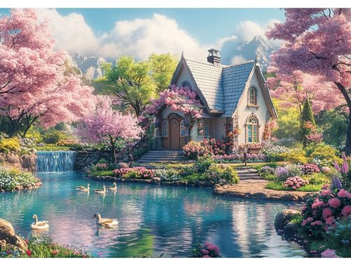 DAERLE DIY Pintura Diamante Kit para Principiantes Jardín con cerezos en flor, 5D Diamond Painting Kit Adultos, Paisaje, Punto de Cruz Diamante Lienzo 40x30 cm