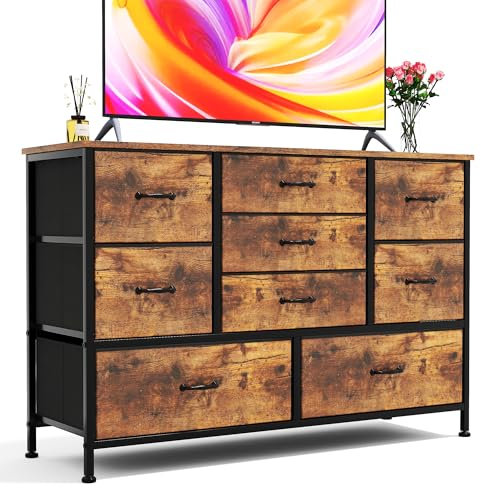 CAIYUN Kommode mit 9 Schubladen aus Stoff – Stabiler Metallrahmen, Viel Stauraum für Kleidung, Decken und Spielzeug, Modernes Design für Schlafzimmer, Wohnzimmer und Flur Vintage Braun