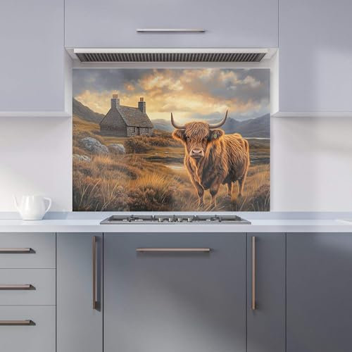 Premium Highland Cow And A Cottage Kitchen Splashback 6mm Toughened Glass Kitchen Splashback – Heat Resistant Splashback for Kitchens, Perfect for Cookers and Hobs, Polished Edges