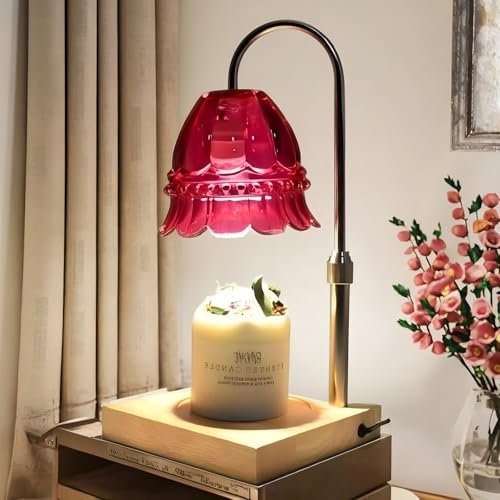 WARMCITY Glass Electric Candle Warmer Lamp Adjustable Height UK Plug, Large Wooden Base Wax Melt Lamp for Aroma Candles, Table Candle Warmer with Timer and Dimmer, Home Decor Gift (Purple Flower)